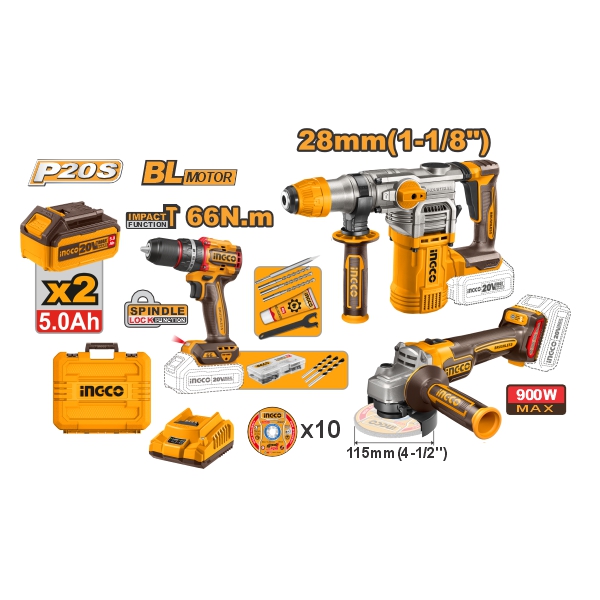 KIT 3 HERRAMIENTA 20V + 2 BATERÍAS + 1 CARGADOR + ACCESORIOS UCOSLI241183