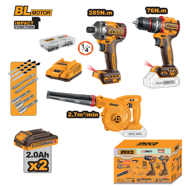 TALADRO PERCUTOR 1/2´´ + ATORNILLADOR + SOPLADORA 20V UCOSLI250182